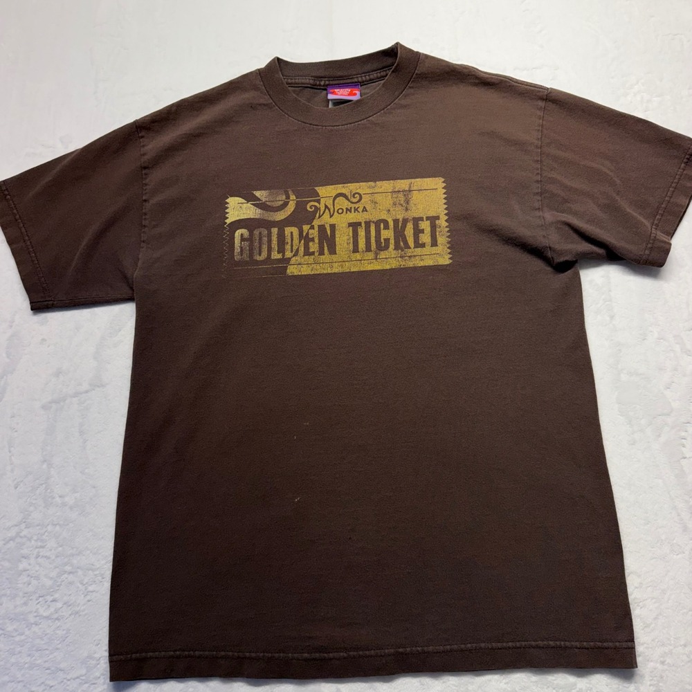 Vintage 2005 Charlie Chocolate Factory T Shirt Wonka Golden Ticket Brown Y2K